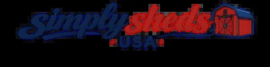 Simply Sheds USA logo with blue cursive text and red barn shed icon