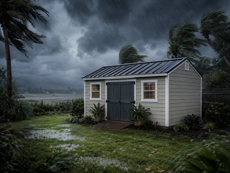 Small white garden shed with dark roof and windows during stormy weather with palm trees and dark sky