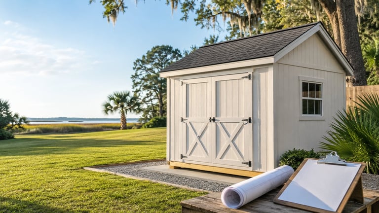 Small white garden shed with X-design doors on a grassy property near water, construction plans visible in foreground
